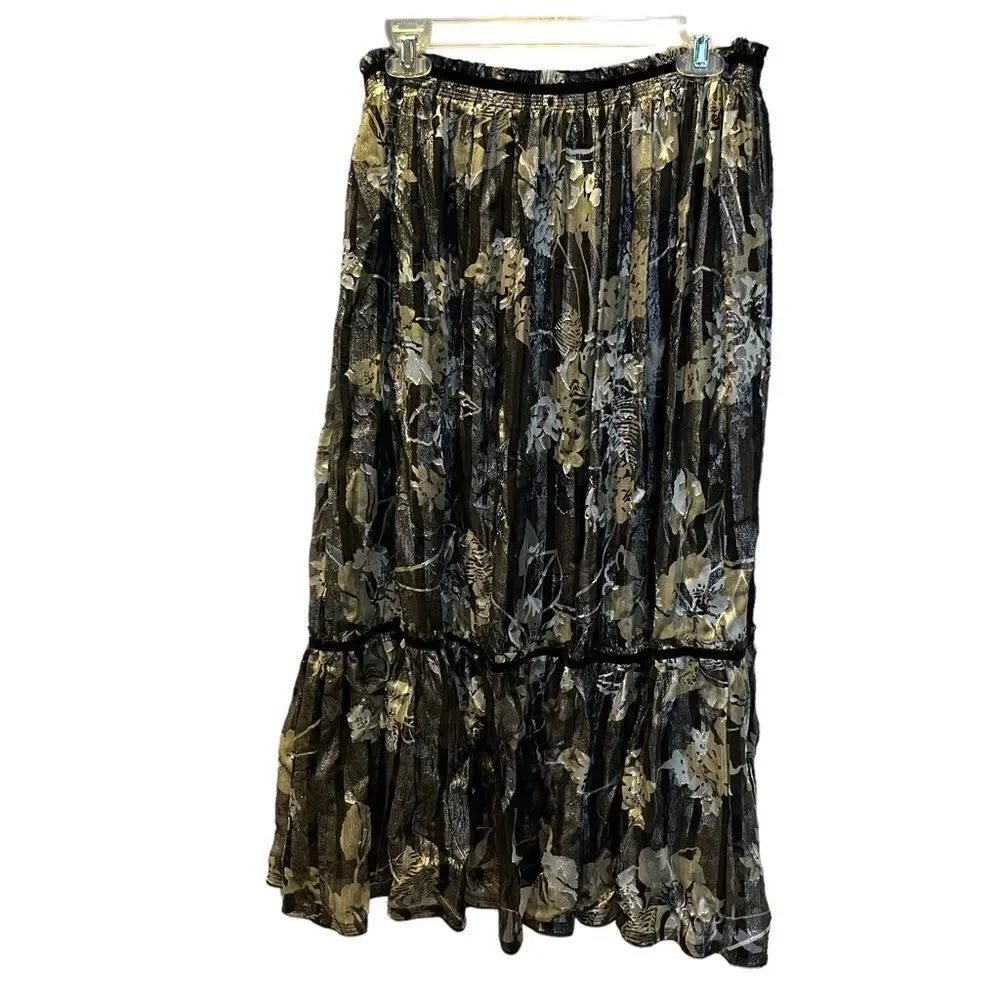 Charles Nolan Long Skirt Size 10 Black, green, silver floral pattern, shiny